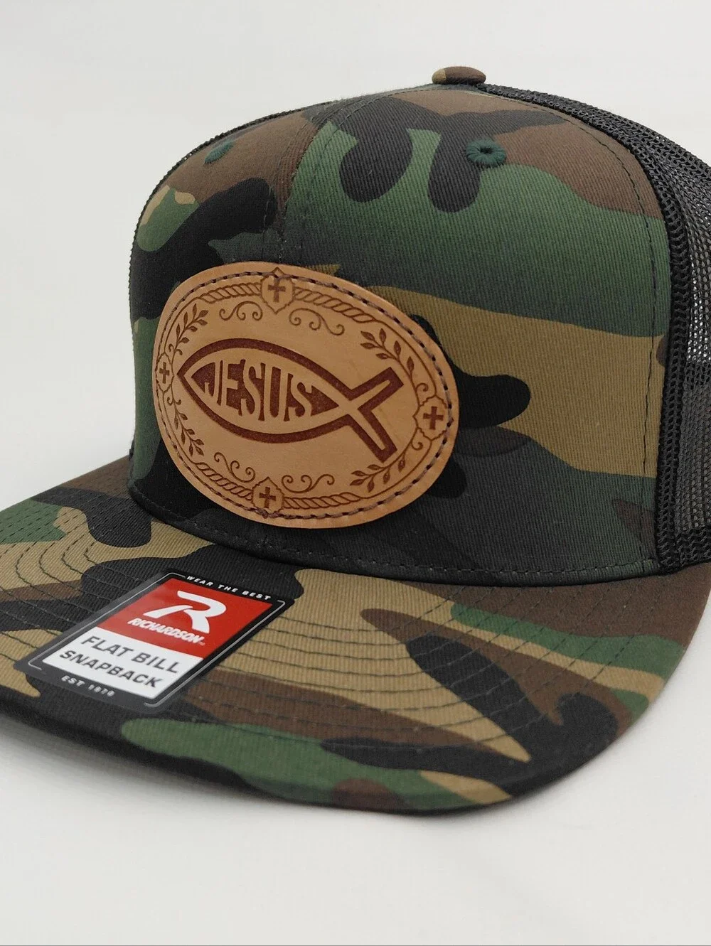 Jesus Fish Leather Patch Richardson Camouflage Mesh Snapback Hat